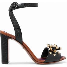 Dolce & Gabbana Embellished Lizard-Effect Leather Sandals - Women - Black Heels - 36