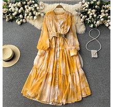 Vestitiy Formal Plus Size Dresses 2023 French Dress Design Irregular Tie Dye Slim Long Swing Chiffon Holiday Dress