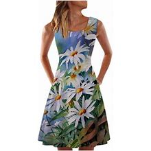 Ichuanyi Woman Dress, Clearance Summer Women Casual Sleeveless Tank Dresses Crewneck Summer Floral Print Dress For Beach