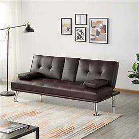 Luxurygoods Modern Faux Leather Futon With Cupholders And Pillows