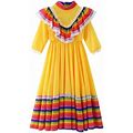 Girls Dresses Mexican Long Sleeve Multicolor Dance Party Dress Size Xs3-4Y