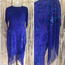 Classic Blue Vintage 80S Beaded And Fringe Cocktail Dress