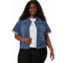 Agnes Orinda Women's Plus Size Denim Jacket Button Front Work Crop Jean Short Sleeves Jackets 2024