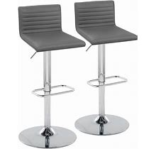 Mason Contemporary Adjustable Barstool With Swivel In Chrome Metal, Walnut Wood And Grey Faux Leather With Rounded Rectangle Footrest - Set Of 2 - Lum