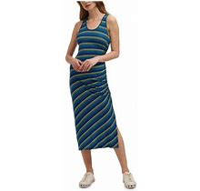 Dkny Womens Blue Stretch Ruched Slitted Striped Sleeveless Scoop Neck Midi Wear To Work Sheath Dress L