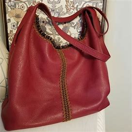 The Sak Bags | The Sak Huntley Leather Hobo Shoulder Bag Tote, Red, Bead Trim, Artsy Boho | Color: Brown/Red | Size: Os