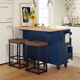 Farmhouse Kitchen Island Set With Drop Leaf And 2 Seatings,Dining Table Set With Storage Cabinet, Drawers And Towel Rack - Blue