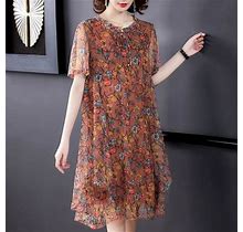 Ladies Casual Floral Mesh Dress Mid-Length Short Sleeves A-Line Dress