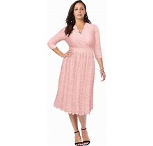 Plus Size Women's Stretch Lace A-Line Dress By Jessica London In Soft Blush (Size 32 W) V-Neck 3/4 Sleeves
