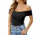 LYANER Women's Casual V Neck Puff Short Sleeve Shirt Blouses Tunic Top