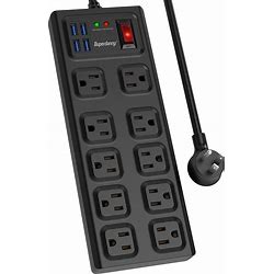 SUPERDANNY Surge Protector Power Strip 10 Widely Spaced Outlets 4 USB 2800J Flat Plug Mountable 5ft Extension Cord Black