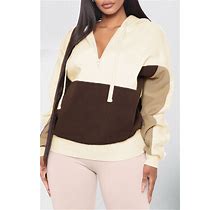 Hoodie Apricot Color Block Casual Loose Zip Up Collar Long Sleeve Pullover Sweatshirt Tracksuit Streetwear(L)