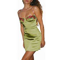 Ainifier Womens Satin Bodycon Mini Dress Flower Spaghetti Strap Backless Lace Up Bodycon Party Dress Nightwear Green L