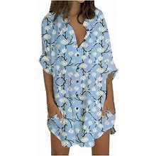 Fesfesfes Linen Shirt Dress For Women Short Mini Dress 3/4 Sleeve Blouse Dress V Neck Buttons Down Loose Casual Floral Print Mini Dress With Pockets
