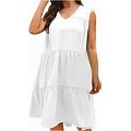 Womens Tiered Ruffle Dress Sleeveless Casual Swing Mini Dresses Solid V Neck Beach Summer Tank Short Dress