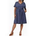 Plus Size Dress For Women V Neck Short Sleeve A Line Chambray Denim Dresses, Women's, Size: 1XL, Brt Blue