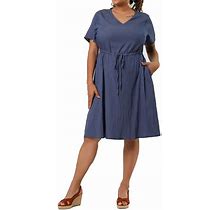 Plus Size Dress For Women V Neck Short Sleeve A Line Chambray Denim Dresses, Women's, Size: 2XL, Brt Blue