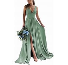 Deep V-Neck Bridesmaid Dresses With Slit Chiffon Formal Prom Dress Pleated A Line Evening Party Gown