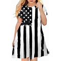 Taiaojing Little Girls Short Sleeve Dress Toddler Kids Independent Day Star Stripes Prints Princess Dresses Cute Dresses 2-3 Years