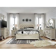 Magnussen Furniture Bronwyn Queen Sleigh Bed With Shaped Footboard In Alabaster B4436-53B With Bachelor Chest B4436-07, Dresser B4436-20, Mirror B4...