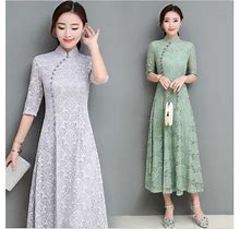 Elegant Ao Dai Long Dress Lace Short Sleeves A-Line Women Retro Slim Fashion