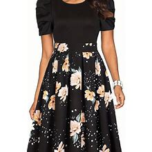 Floral Print Pocket Dress, Women's Vintage Crew Neck Pleated Women's Clothing Short Sleeve Party Dress,Champagne,Trendy Product,Temu