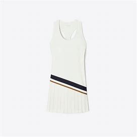 Tory Burch Women's Chevron Pleated Tennis Dress In Snow White/Anise Brown, Size XS