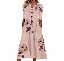 Women's Casual Cocktail Dresses Summer Midi Dress Casual V Neck Button Pockets Long Beach Dresses Casual