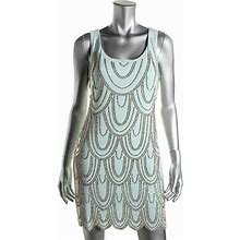 Aqua Mint Green Jersey Scalloped Deco Beaded Shift Party Dress 4 $248