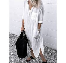 Women's Shirt Dress Casual Dress Cotton Linen Swing Long Sleeve V Neck Pocket Basic Loose Midi Summer Spring