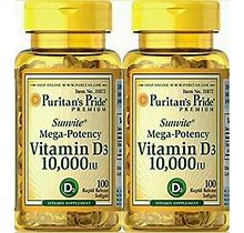 2X Puritan's Pride Mega Potency Vitamin D3 250 Mcg (10000 IU) 200 Softgels Total