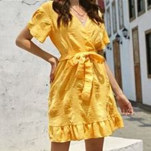 Shein Dresses | Surplice Front Ruffle Hem Belted Dress | Color: Yellow | Size: Xs