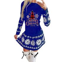 Fall Dresses For Petite Women 2023 Trendy Casual Dresses Long Sleeved Round Neck Dress Christmas Printed Casual Party Dresses Blue M