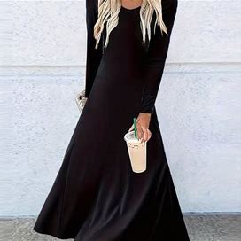 Solid Color Square Neck Ball Gown Dress, Women's Dacron And Spandex Simple Elegant Women's Clothing Long Sleeve Maxi Dress,Black,Trending,Temu