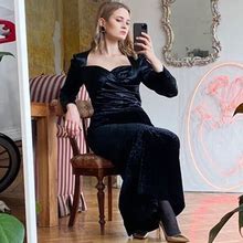 Vintage Black Velvet Dress With Long Sleeves And Satin Top