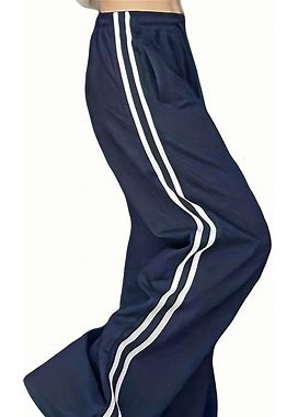 Elastic Waist Striped Print Solid Color Drawstring Pants, Women's Wide Leg Pants Casual Women's Clothing Pants,Navy Blue,Reliable,Temu