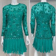 Vintage Dresses | Vintage Niteline 6P Seamfoam Beaded Silk Chiffon Shift Flapper Pleated Dress | Color: Blue/Green | Size: 6P