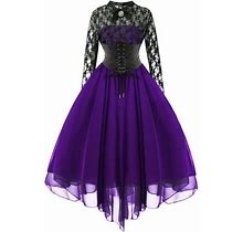 Egmy Women Gothic Style Sexy Banquet Festival Dress Lace Vintage Dress Chiffon Long Sleeve Dress