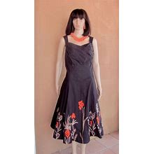 Black Cotton Summer Dress, Sleeveless, With Orange Embroidered Flower On Skirt- Large Size -
