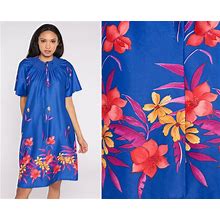 Floral Lounge Dress Blue 70S Midi Hippie Dress Tent 1970S Shift Boho Vintage Short Flutter Sleeve House Dress Front Zip Up Medium
