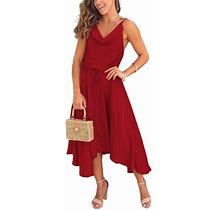 Jbeelate Women Summer Midi Dress Cowl Neck Spaghetti Strap Adjustabel Waistline Knee Length Irregular Hem A Line Flowy Dress