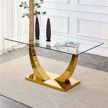 Modern 63in Glass Dining Table For 4-6, Contemporary Rectangular Kitchen Table With Tempered Glass Top & Golden Plating Metal U-Shaped Pedestal,