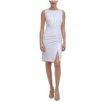 Calvin Klein Womens White Stretch Zippered Ruched Slit Front Hem Sleeveless Round Neck Above The Knee Party Sheath Dress 2