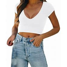 Dolkfu Solid Travel Clothes For Women Classic Short Sleeve V-Neck Cropped Tops Country Shirts Women