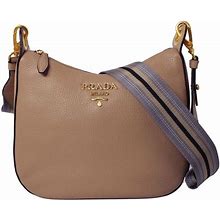 Prada Vitello Daino Tan Leather Shoulder Handbag With Silver And Blue Nylon Web Striped Strap 1BC052