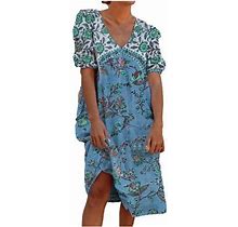 Cyber&Monday Deals Sundresses For Women Casual Summer - Women's Knee-Length Dresses Casual Floral Print V Neck Short Sleeve Summer Boho Beach Dress Ts
