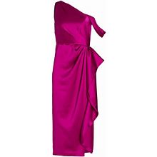 AMSALE Draped Satin One-Shoulder Midi-Dress Fuchsia