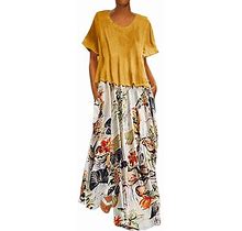 Womens Dresses Casual Vintage Print Patchwork O-Neck Two Pieces Plus Size Pockets Maxi Dress