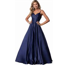 Fu Jiang Women's Spaghetti Straps Satin Prom Dresses With Pockets V Neck Pleated Formal Evening Ball Gowns