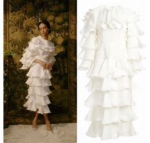 Markarian Dresses | New Nwt Rare M Original $6320 Treena White Tiered Ruffle Long Sleeve Midi Dress | Color: White | Size: M